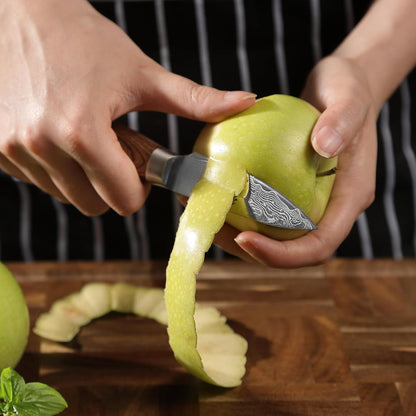 EDIB Pro Peeling Knife, 2.4" VG10 Damascus Blade, Pakkawood Handle | Peeling chef knife for apples, potatoes, citrus and tourné cuts, with close in-hand control for delicate shaping and trimming