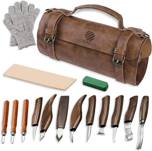 16PCS Wood Carving Tools Set Heavy Duty with Leather Roll Bag - Complete Wood Carving Kit for Beginners & Experts, Whittling Knives, Wood Carving Chisels, Sharpening Strop, Gloves Woodworking