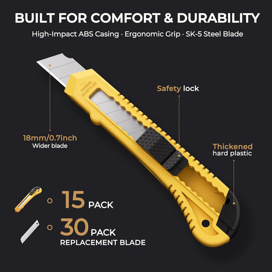 15 Pack Utility Knives with 30 PCS Extra Blades, Plastic Box Cutters Bulk Retractable Razor Knife Snap Off Blades 18mm for Heavy Duty Office, Home, Arts Crafts, Hobby