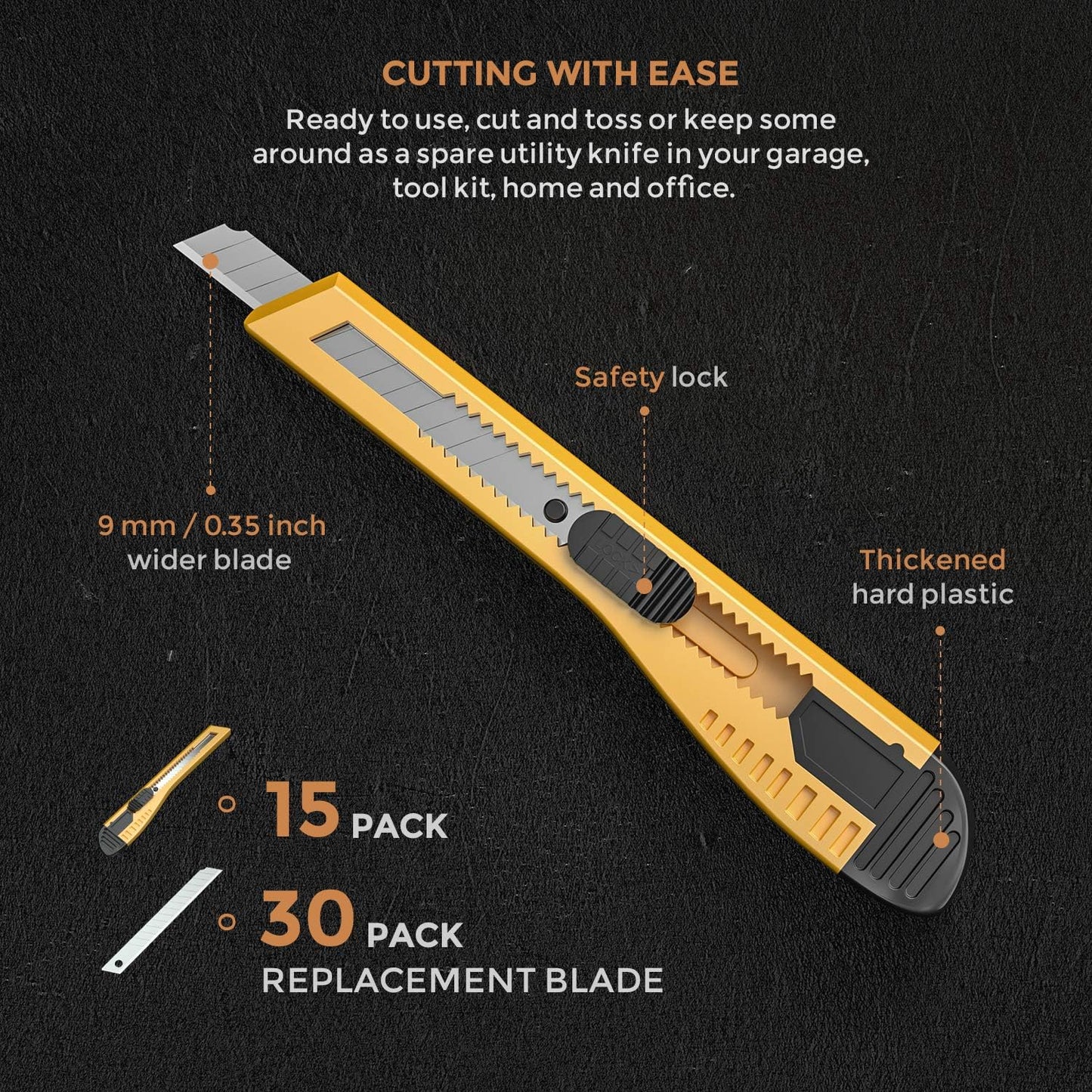 15 Pack Utility Knives with 30 PCS Extra Blades, Plastic Box Cutters Bulk Retractable Razor Knife Snap Off Blades 18mm for Heavy Duty Office, Home, Arts Crafts, Hobby
