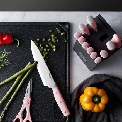 14 PCS Kitchen Knife Set with Pine Wood Block (Yellow)