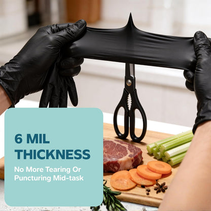 Black Nitrile Gloves - Disposable Heavy Duty 6 Mil | Latex-Free, Powder-Free, Textured Fingertips, Food Safe, Flexible Fit, Cooking, Cleaning, Mechanics & Salon