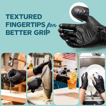 Black Nitrile Gloves - Disposable Heavy Duty 6 Mil | Latex-Free, Powder-Free, Textured Fingertips, Food Safe, Flexible Fit, Cooking, Cleaning, Mechanics & Salon