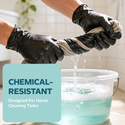 Black Nitrile Gloves - Disposable Heavy Duty 6 Mil | Latex-Free, Powder-Free, Textured Fingertips, Food Safe, Flexible Fit, Cooking, Cleaning, Mechanics & Salon