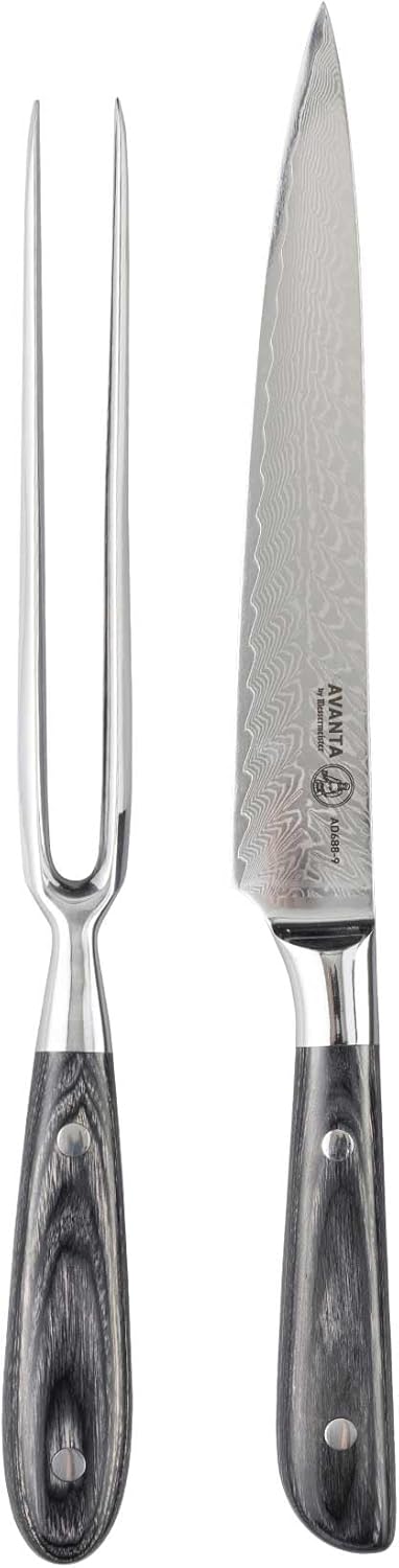 Avanta Forged Kullenschliff Carving Set - Includes 8” Carving & Slicing Knife + 7” Fork - German X50 Stainless Steel - Pakkawood Handle - Rust Resistant & Easy to Maintain