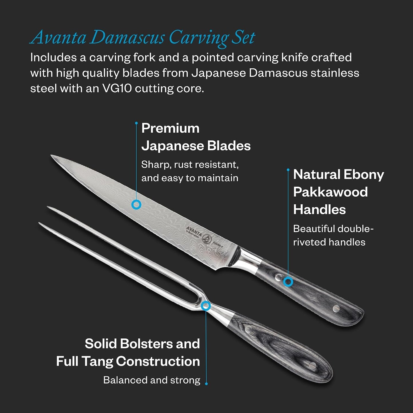 Avanta Forged Kullenschliff Carving Set - Includes 8” Carving & Slicing Knife + 7” Fork - German X50 Stainless Steel - Pakkawood Handle - Rust Resistant & Easy to Maintain