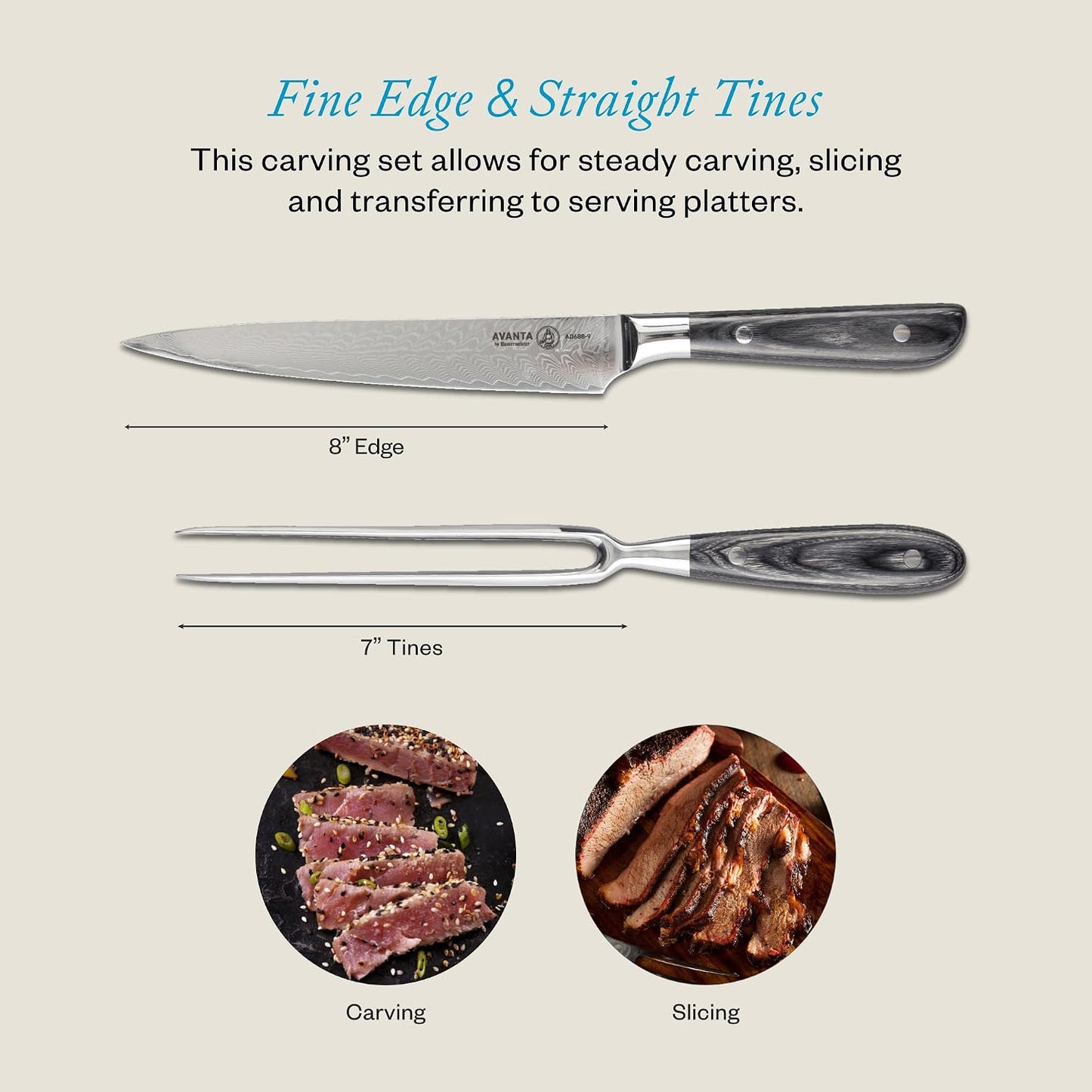 Avanta Forged Kullenschliff Carving Set - Includes 8” Carving & Slicing Knife + 7” Fork - German X50 Stainless Steel - Pakkawood Handle - Rust Resistant & Easy to Maintain