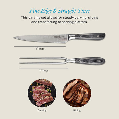 Avanta Forged Kullenschliff Carving Set - Includes 8” Carving & Slicing Knife + 7” Fork - German X50 Stainless Steel - Pakkawood Handle - Rust Resistant & Easy to Maintain