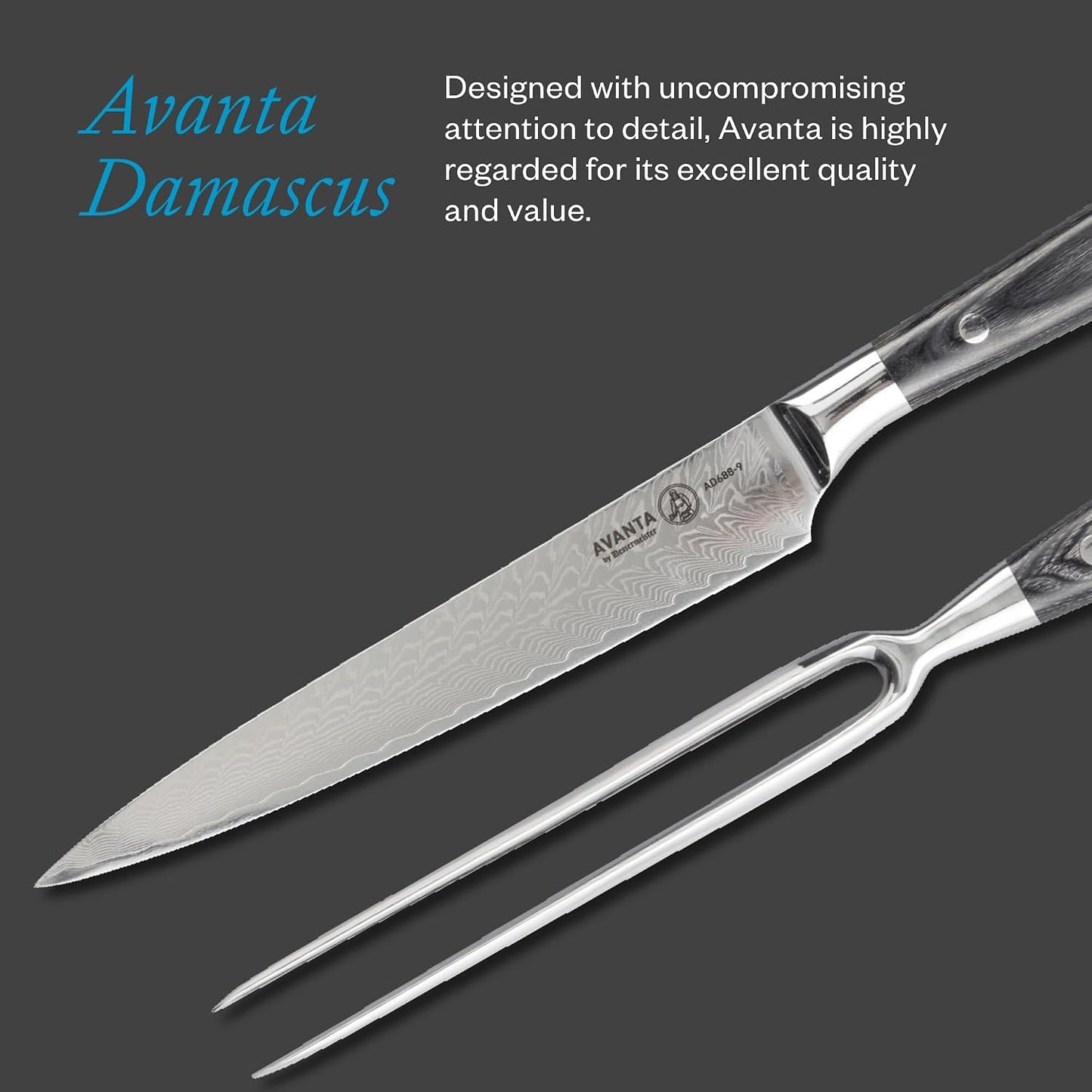 Avanta Forged Kullenschliff Carving Set - Includes 8” Carving & Slicing Knife + 7” Fork - German X50 Stainless Steel - Pakkawood Handle - Rust Resistant & Easy to Maintain