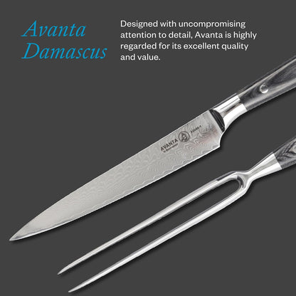 Avanta Forged Kullenschliff Carving Set - Includes 8” Carving & Slicing Knife + 7” Fork - German X50 Stainless Steel - Pakkawood Handle - Rust Resistant & Easy to Maintain