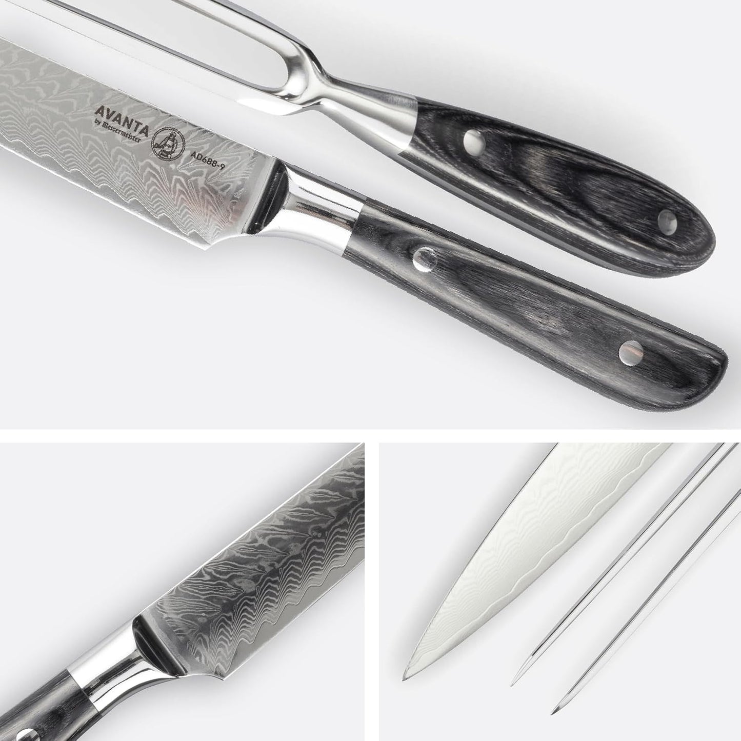 Avanta Forged Kullenschliff Carving Set - Includes 8” Carving & Slicing Knife + 7” Fork - German X50 Stainless Steel - Pakkawood Handle - Rust Resistant & Easy to Maintain