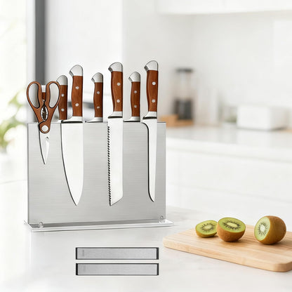 Stainless steel Double-Sided Magnetic Knife Holder with Sharpener | Strong Magnetic Knife Block, Countertop Knife Stand with Suction Base and No-drill Installation