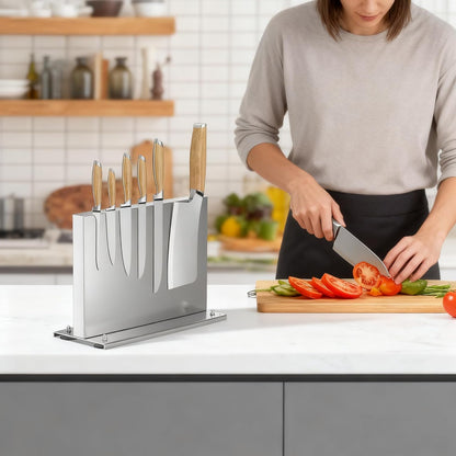 Stainless steel Double-Sided Magnetic Knife Holder with Sharpener | Strong Magnetic Knife Block, Countertop Knife Stand with Suction Base and No-drill Installation