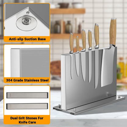Stainless steel Double-Sided Magnetic Knife Holder with Sharpener | Strong Magnetic Knife Block, Countertop Knife Stand with Suction Base and No-drill Installation