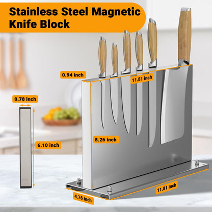Stainless steel Double-Sided Magnetic Knife Holder with Sharpener | Strong Magnetic Knife Block, Countertop Knife Stand with Suction Base and No-drill Installation