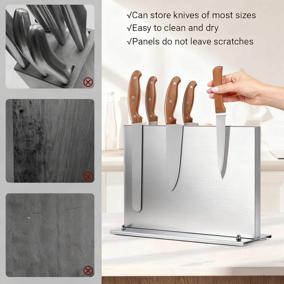 Stainless steel Double-Sided Magnetic Knife Holder with Sharpener | Strong Magnetic Knife Block, Countertop Knife Stand with Suction Base and No-drill Installation