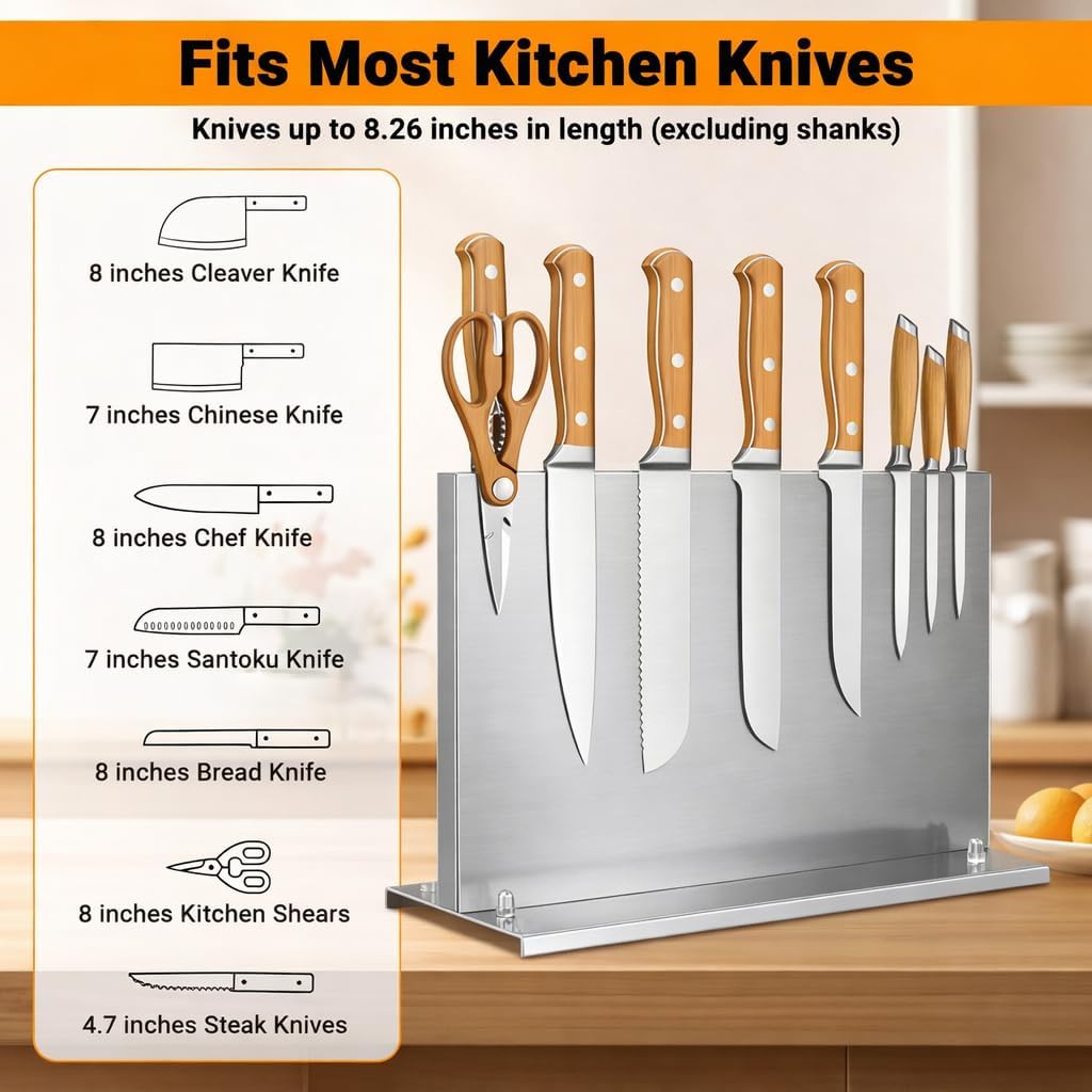 Stainless steel Double-Sided Magnetic Knife Holder with Sharpener | Strong Magnetic Knife Block, Countertop Knife Stand with Suction Base and No-drill Installation