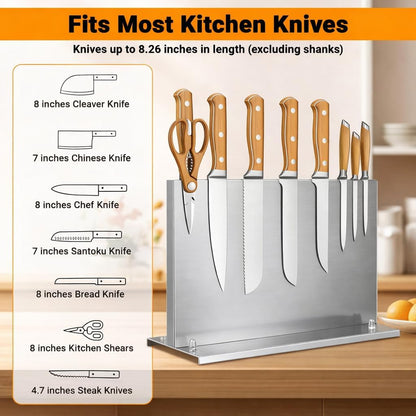 Stainless steel Double-Sided Magnetic Knife Holder with Sharpener | Strong Magnetic Knife Block, Countertop Knife Stand with Suction Base and No-drill Installation