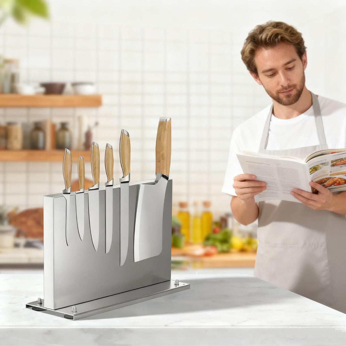 Stainless steel Double-Sided Magnetic Knife Holder with Sharpener | Strong Magnetic Knife Block, Countertop Knife Stand with Suction Base and No-drill Installation