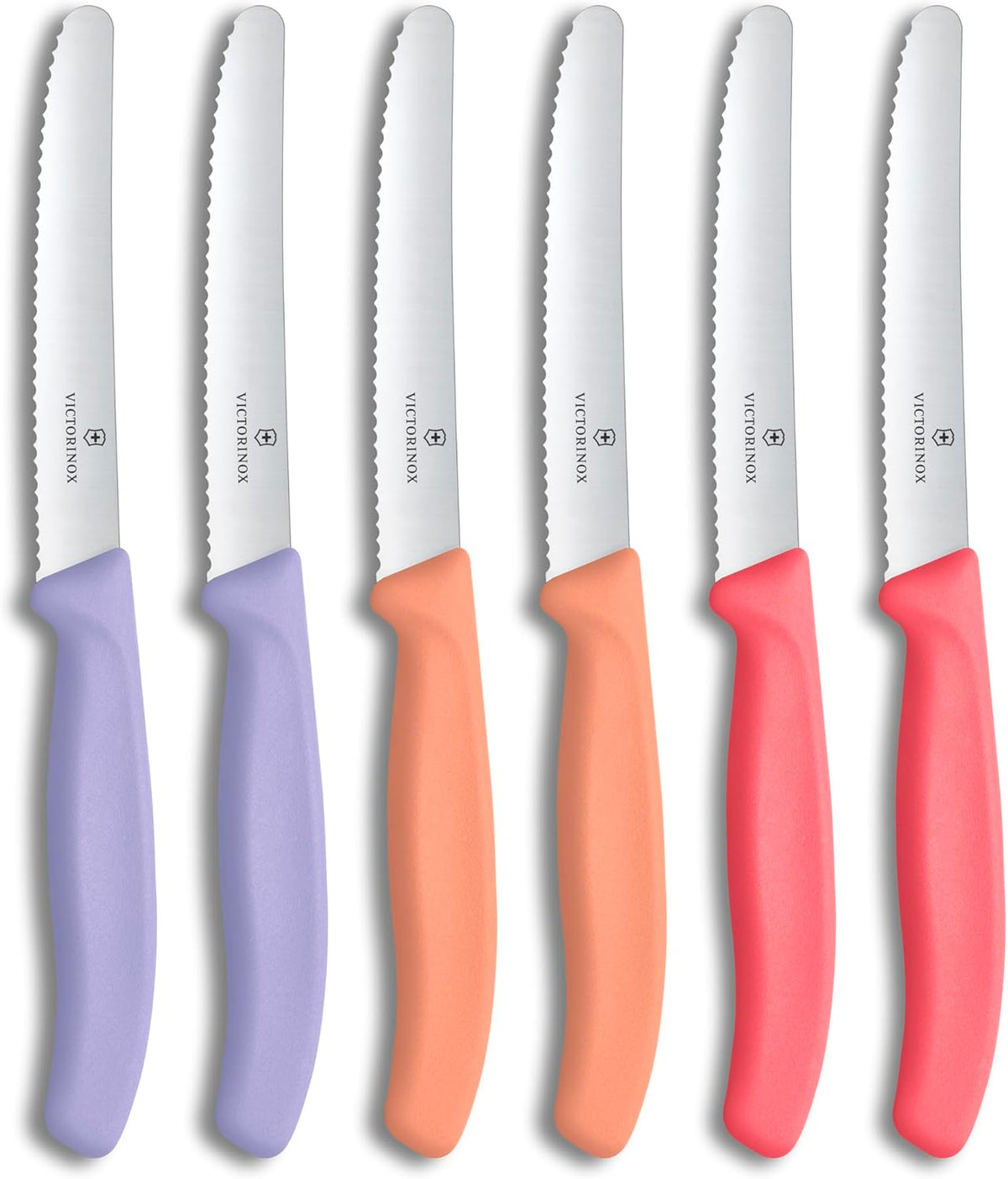 Swiss Classic, Tomato-Bread Knife Set, 6-pieces, sharp blade, serrated edge, 4.3 Inch, stainless steel, Lavender, Pink, Orange
