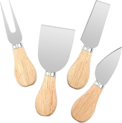 4 Piece Cheese Knife Set for Charcuterie Board, Wooden Handle Spreader Fork