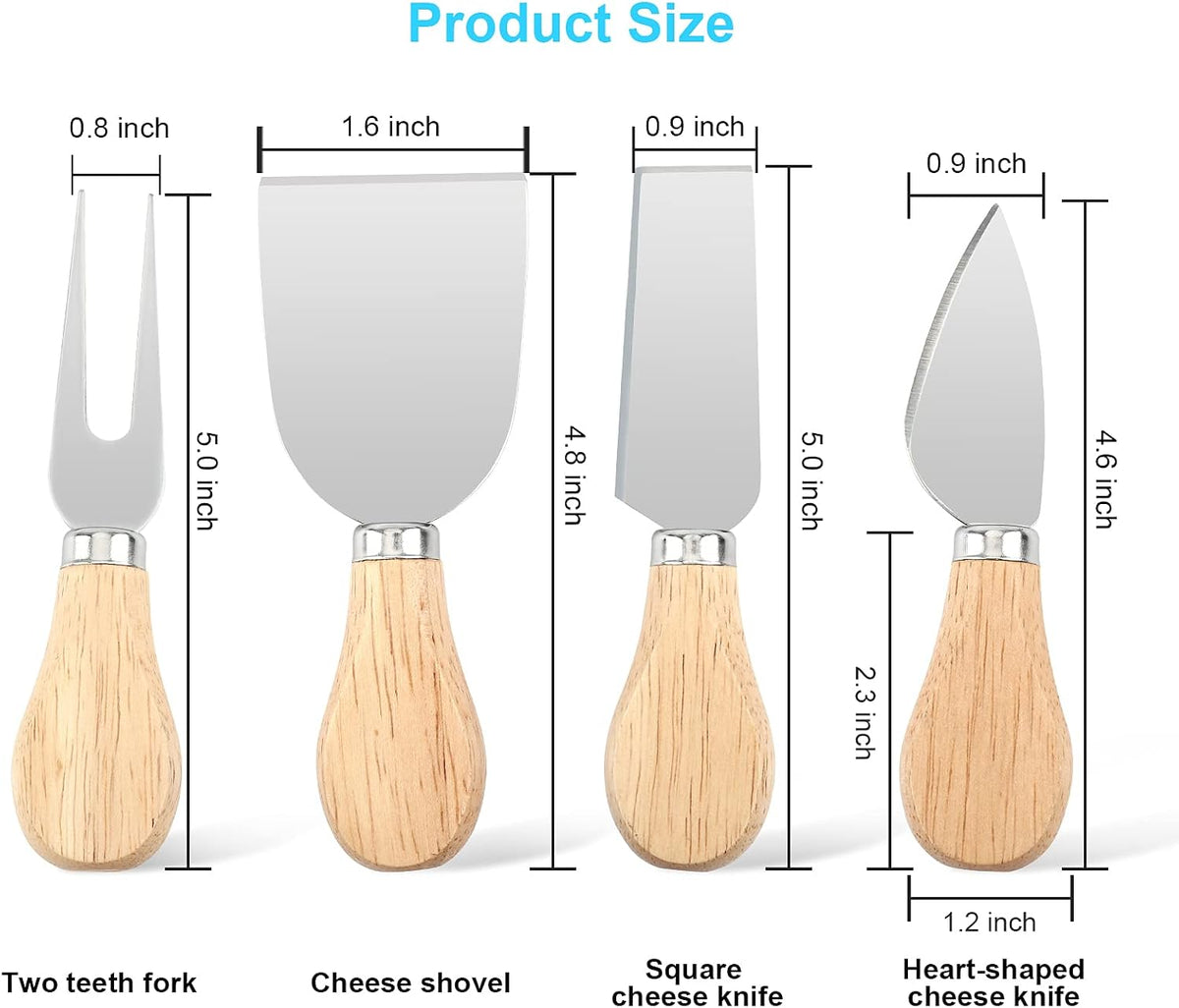 4 Piece Cheese Knife Set for Charcuterie Board, Wooden Handle Spreader Fork