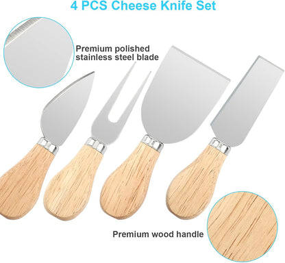 4 Piece Cheese Knife Set for Charcuterie Board, Wooden Handle Spreader Fork
