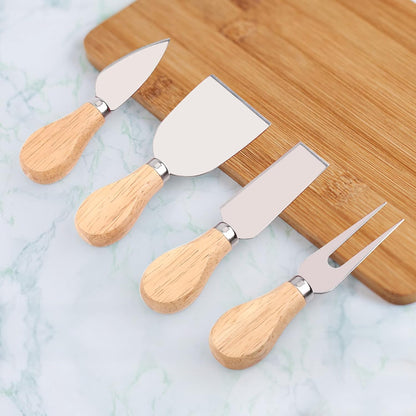 4 Piece Cheese Knife Set for Charcuterie Board, Wooden Handle Spreader Fork