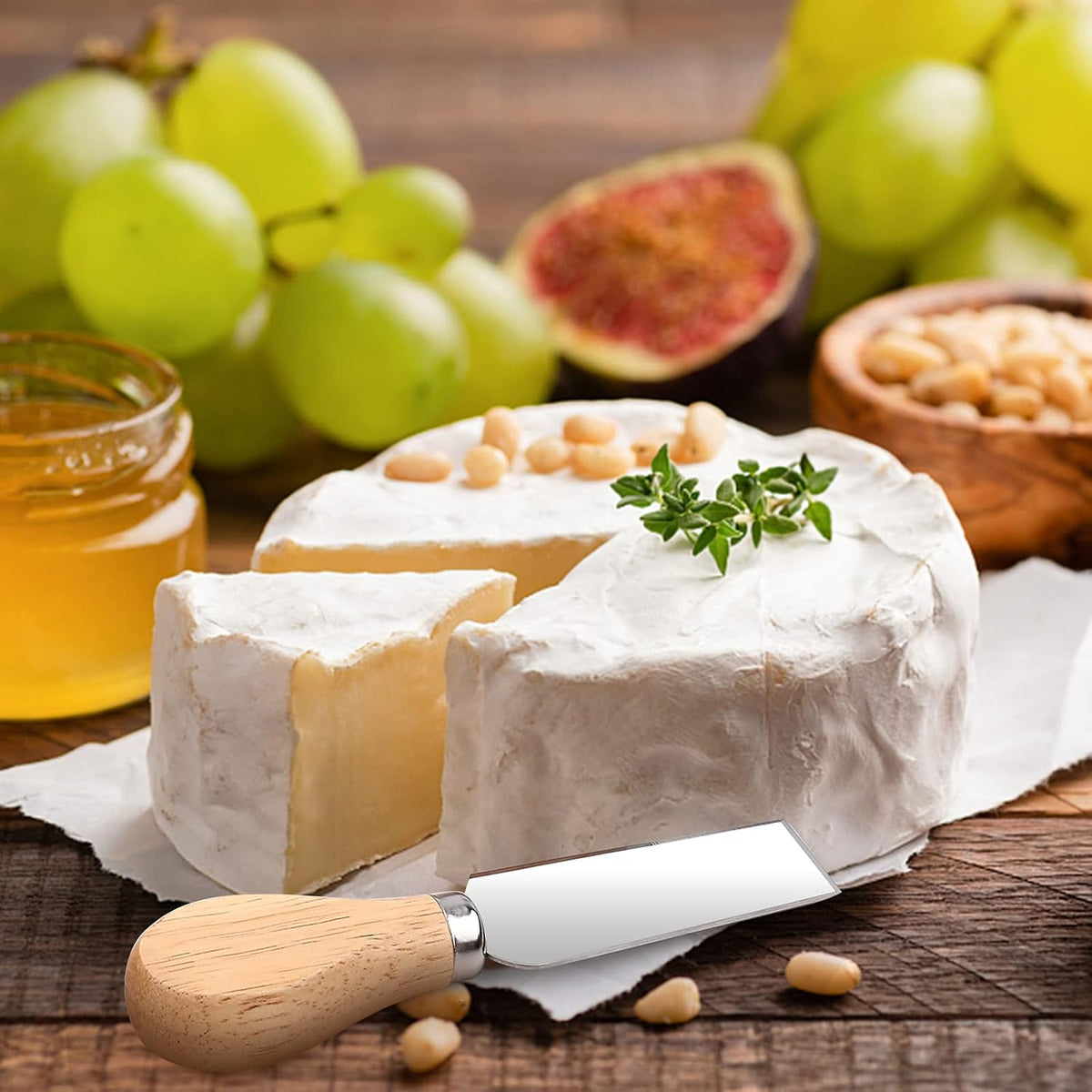 4 Piece Cheese Knife Set for Charcuterie Board, Wooden Handle Spreader Fork