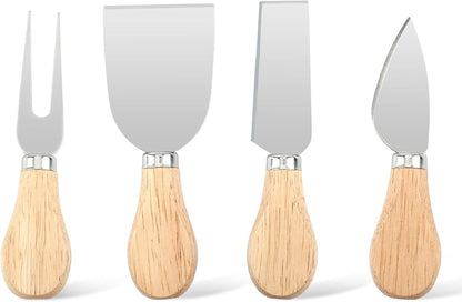 4 Piece Cheese Knife Set for Charcuterie Board, Wooden Handle Spreader Fork
