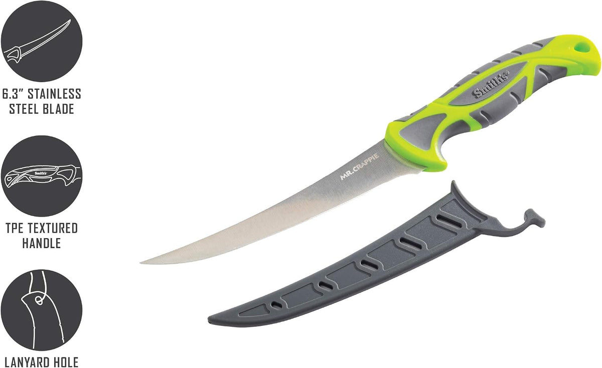 Smith's 51208 Mr. Crappie 6-Inch Curved Slab-Sticker Fillet Knife – Green – Stainless Steel Blade – TPE Soft Grip Handle – Durable Plastic Sheath – Lanyard Hole