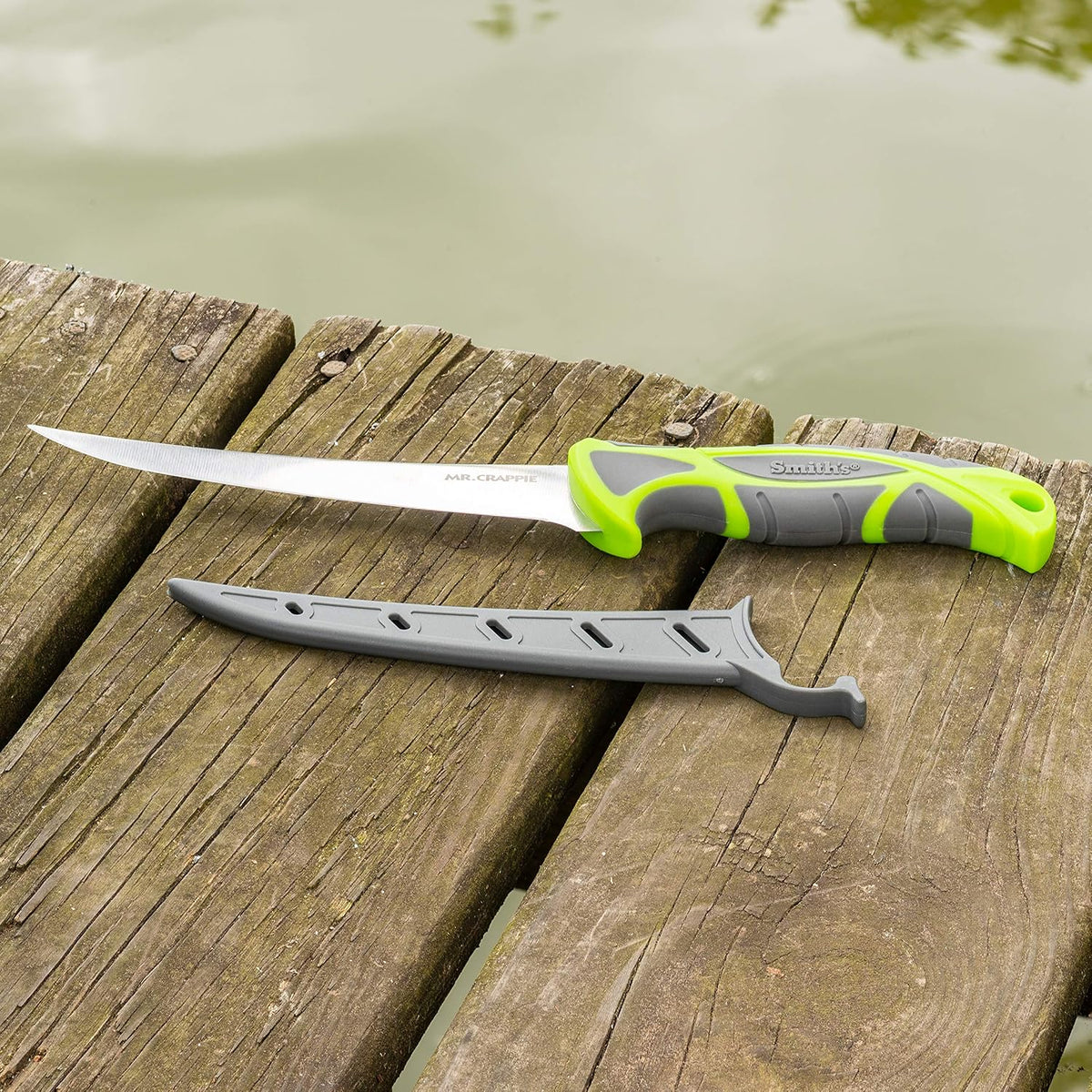 Smith's 51208 Mr. Crappie 6-Inch Curved Slab-Sticker Fillet Knife – Green – Stainless Steel Blade – TPE Soft Grip Handle – Durable Plastic Sheath – Lanyard Hole