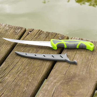 Smith's 51208 Mr. Crappie 6-Inch Curved Slab-Sticker Fillet Knife – Green – Stainless Steel Blade – TPE Soft Grip Handle – Durable Plastic Sheath – Lanyard Hole