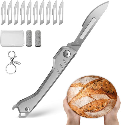 Bread Lame Dough Scoring Tool with 10 Blades & Bottle Opener | Create beautiful artisan bread with precise scoring, better oven spring and a compact design made for everyday baking.