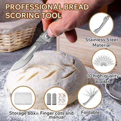 Bread Lame Dough Scoring Tool with 10 Blades & Bottle Opener | Create beautiful artisan bread with precise scoring, better oven spring and a compact design made for everyday baking.