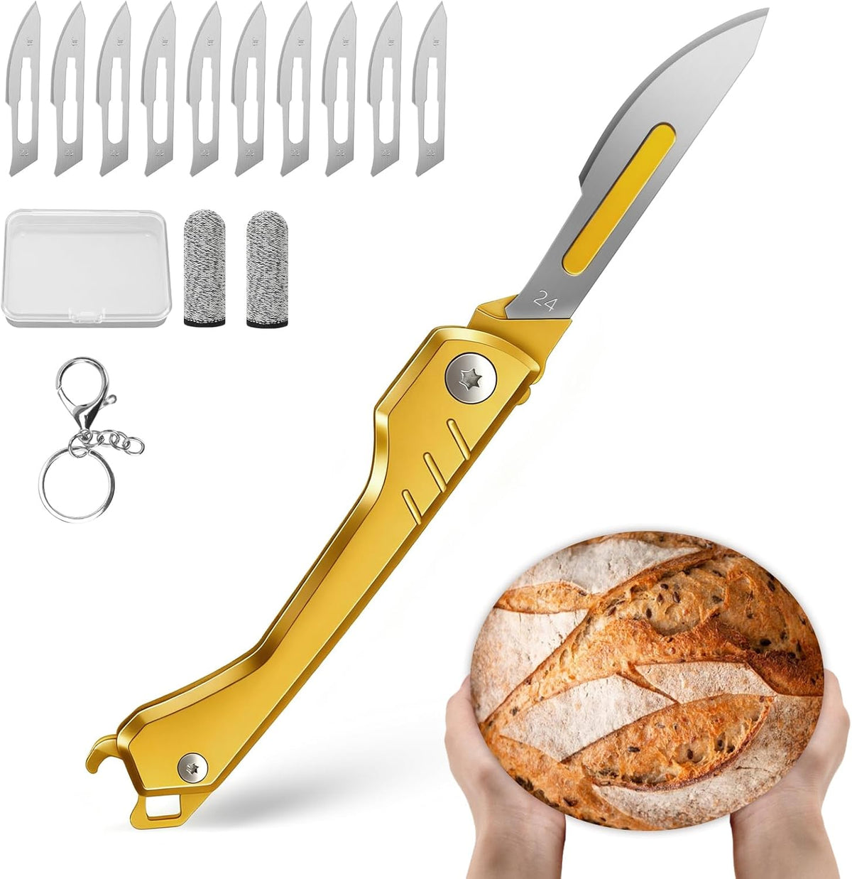Bread Lame Dough Scoring Tool with 10 Blades & Bottle Opener | Create beautiful artisan bread with precise scoring, better oven spring and a compact design made for everyday baking.