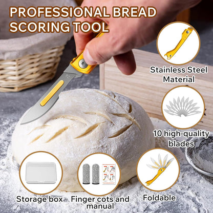 Bread Lame Dough Scoring Tool with 10 Blades & Bottle Opener | Create beautiful artisan bread with precise scoring, better oven spring and a compact design made for everyday baking.