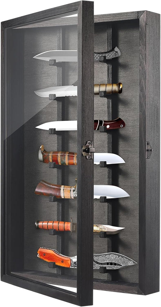 Knife Display Case with Lockable Clear Acrylic Door, Wall Mount Wooden Knife Display Stand, Pocket Knife Display Cases for Storage, Collection, Holds up to 7 Knifes (Black)