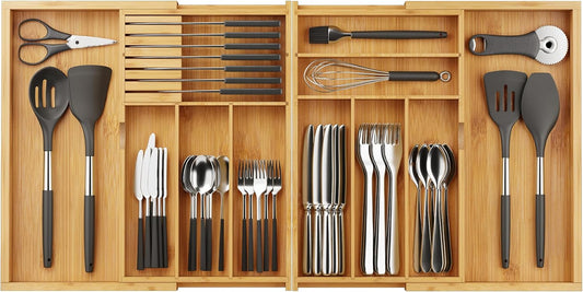 Expandable Silverware Drawer Organizer with Removable Knife Blocks, Bamboo Kitchen Utensil Holder from 21" to 36", Large Cutlery Tray with Divider for Forks, Spoons, Knives