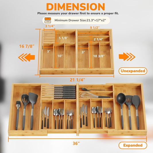Expandable Silverware Drawer Organizer with Removable Knife Blocks, Bamboo Kitchen Utensil Holder from 21" to 36", Large Cutlery Tray with Divider for Forks, Spoons, Knives