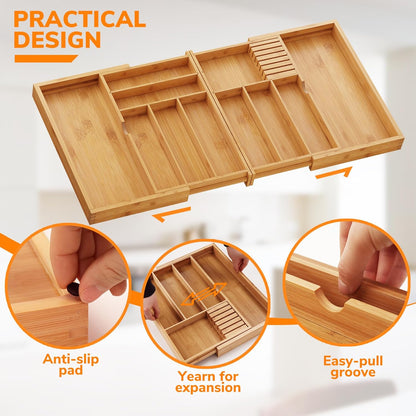 Expandable Silverware Drawer Organizer with Removable Knife Blocks, Bamboo Kitchen Utensil Holder from 21" to 36", Large Cutlery Tray with Divider for Forks, Spoons, Knives