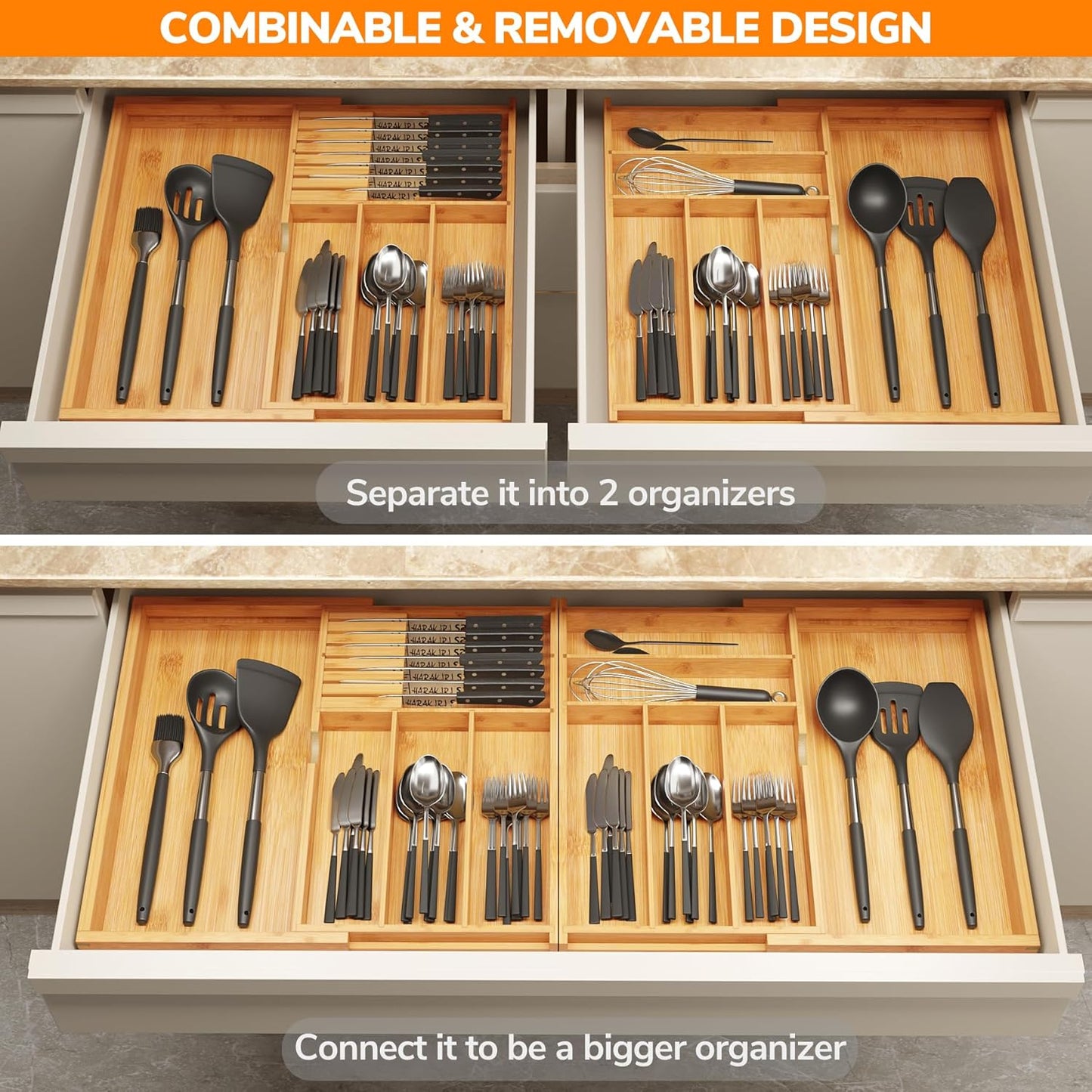 Expandable Silverware Drawer Organizer with Removable Knife Blocks, Bamboo Kitchen Utensil Holder from 21" to 36", Large Cutlery Tray with Divider for Forks, Spoons, Knives