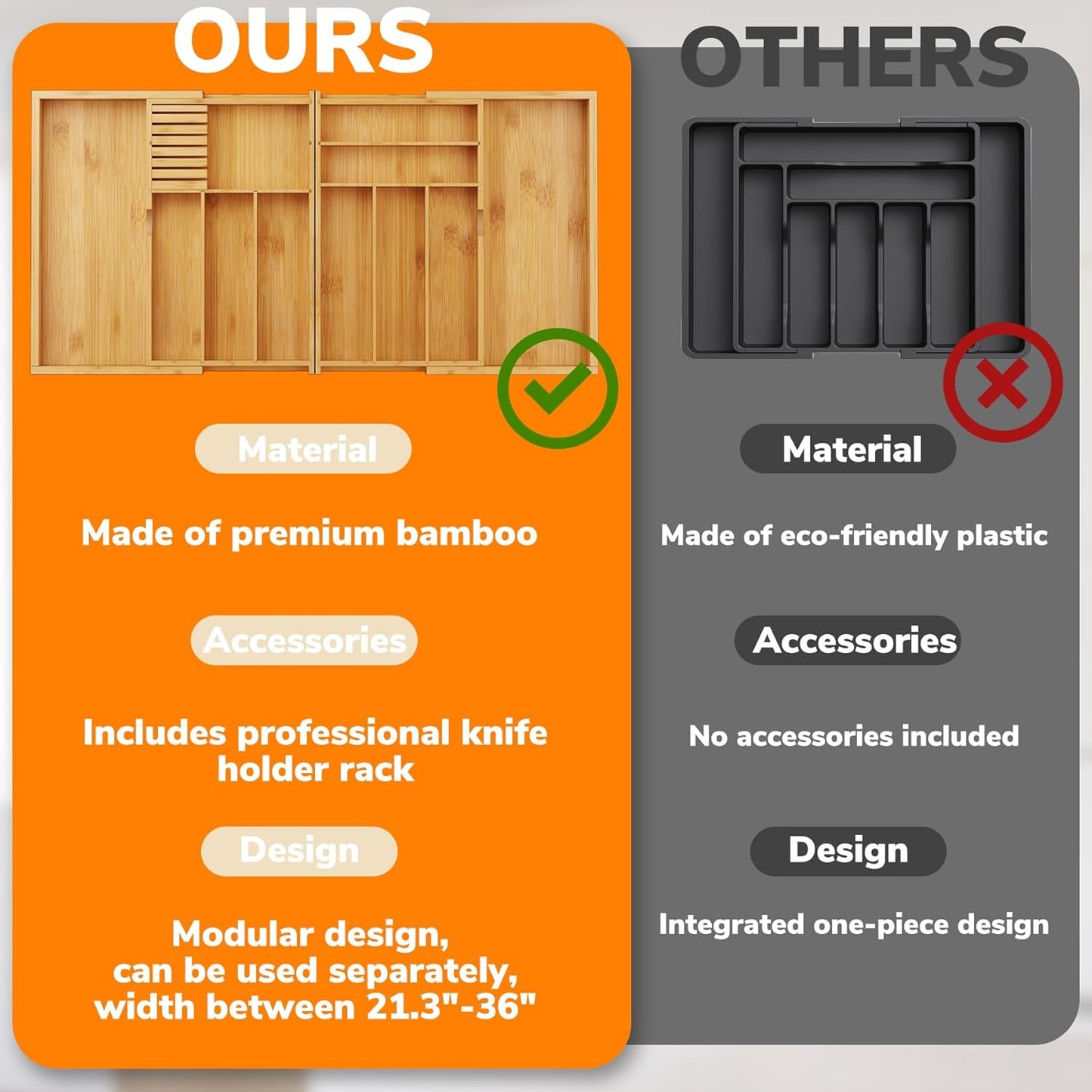 Expandable Silverware Drawer Organizer with Removable Knife Blocks, Bamboo Kitchen Utensil Holder from 21" to 36", Large Cutlery Tray with Divider for Forks, Spoons, Knives