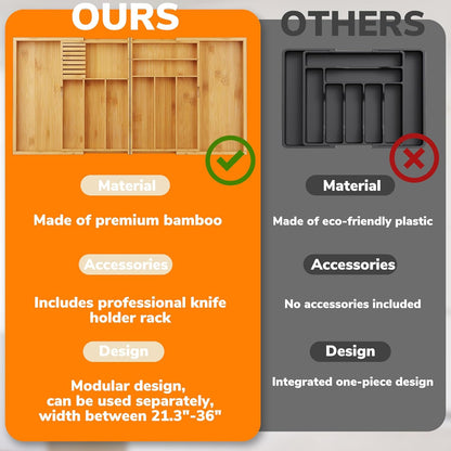 Expandable Silverware Drawer Organizer with Removable Knife Blocks, Bamboo Kitchen Utensil Holder from 21" to 36", Large Cutlery Tray with Divider for Forks, Spoons, Knives