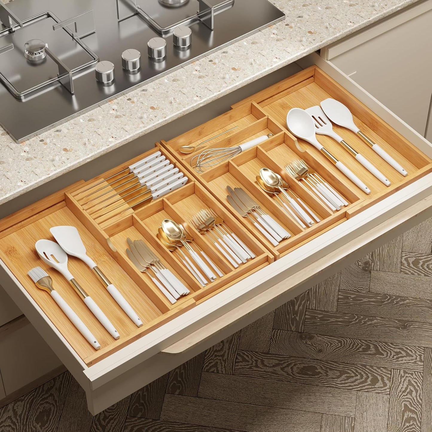 Expandable Silverware Drawer Organizer with Removable Knife Blocks, Bamboo Kitchen Utensil Holder from 21" to 36", Large Cutlery Tray with Divider for Forks, Spoons, Knives