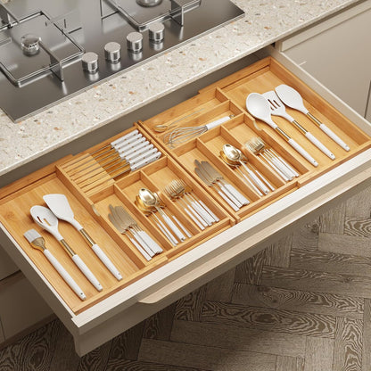 Expandable Silverware Drawer Organizer with Removable Knife Blocks, Bamboo Kitchen Utensil Holder from 21" to 36", Large Cutlery Tray with Divider for Forks, Spoons, Knives