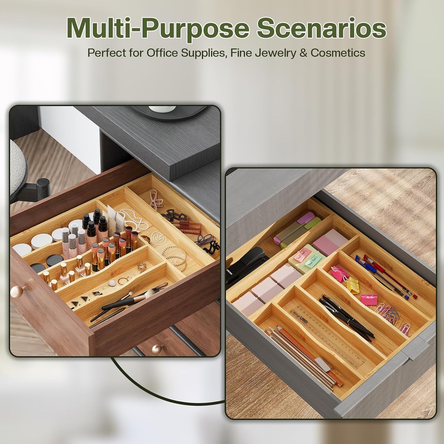 Expandable Silverware Drawer Organizer with Removable Knife Blocks, Bamboo Kitchen Utensil Holder from 21" to 36", Large Cutlery Tray with Divider for Forks, Spoons, Knives