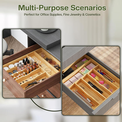 Expandable Silverware Drawer Organizer with Removable Knife Blocks, Bamboo Kitchen Utensil Holder from 21" to 36", Large Cutlery Tray with Divider for Forks, Spoons, Knives