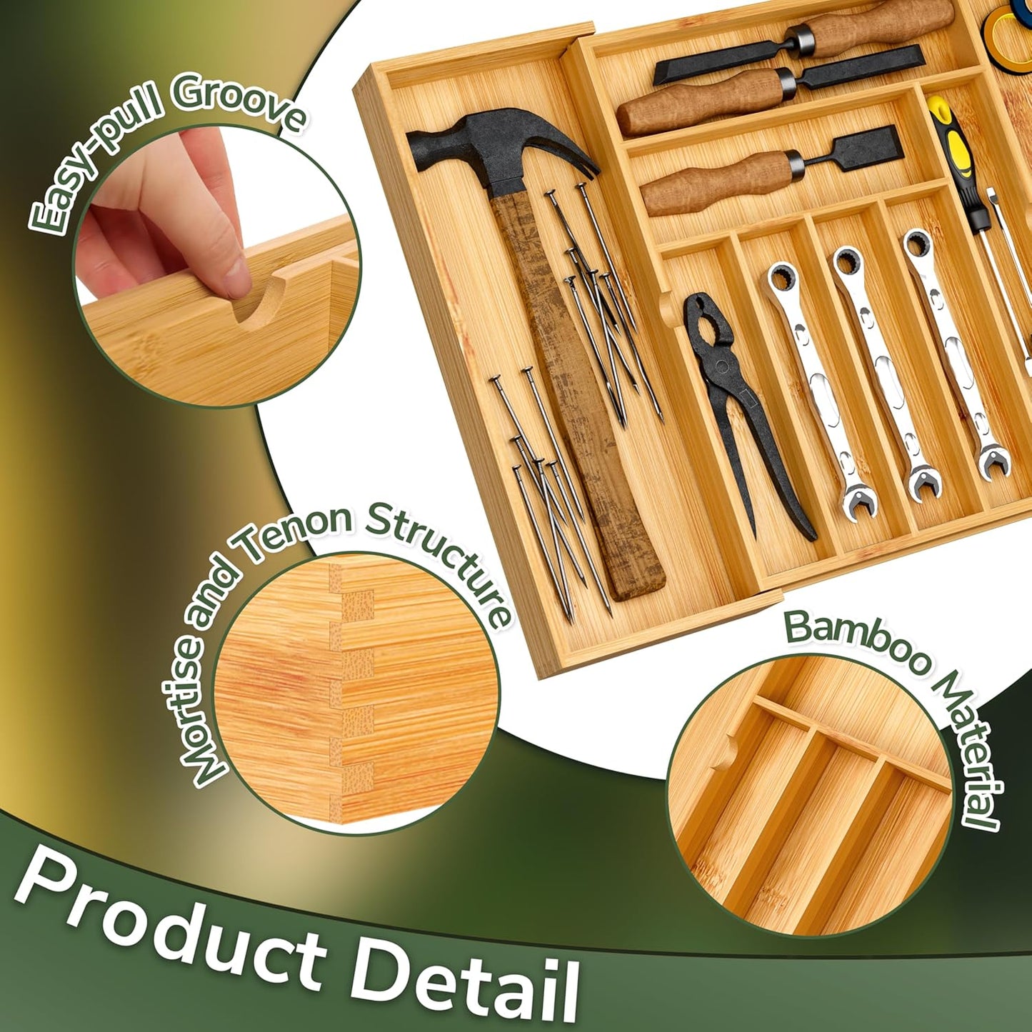 Expandable Silverware Drawer Organizer with Removable Knife Blocks, Bamboo Kitchen Utensil Holder from 21" to 36", Large Cutlery Tray with Divider for Forks, Spoons, Knives