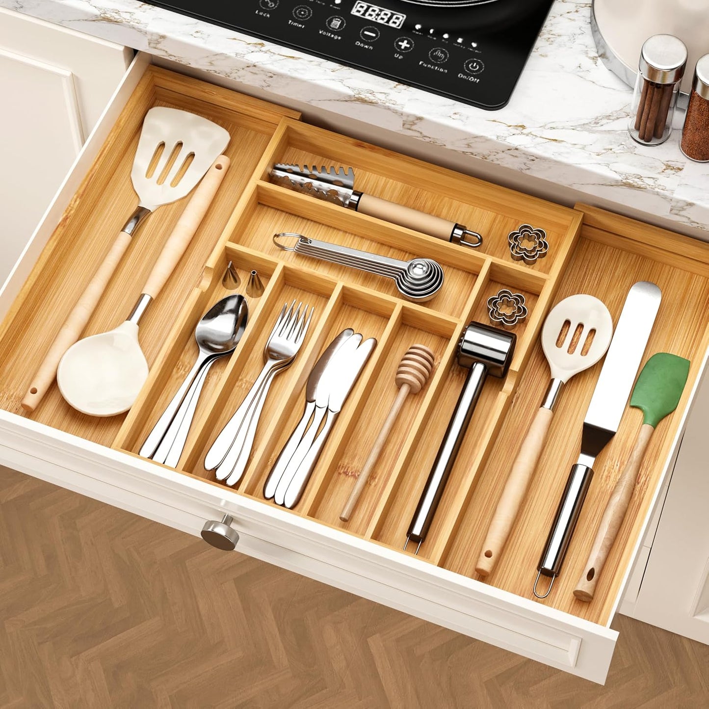 Expandable Silverware Drawer Organizer with Removable Knife Blocks, Bamboo Kitchen Utensil Holder from 21" to 36", Large Cutlery Tray with Divider for Forks, Spoons, Knives